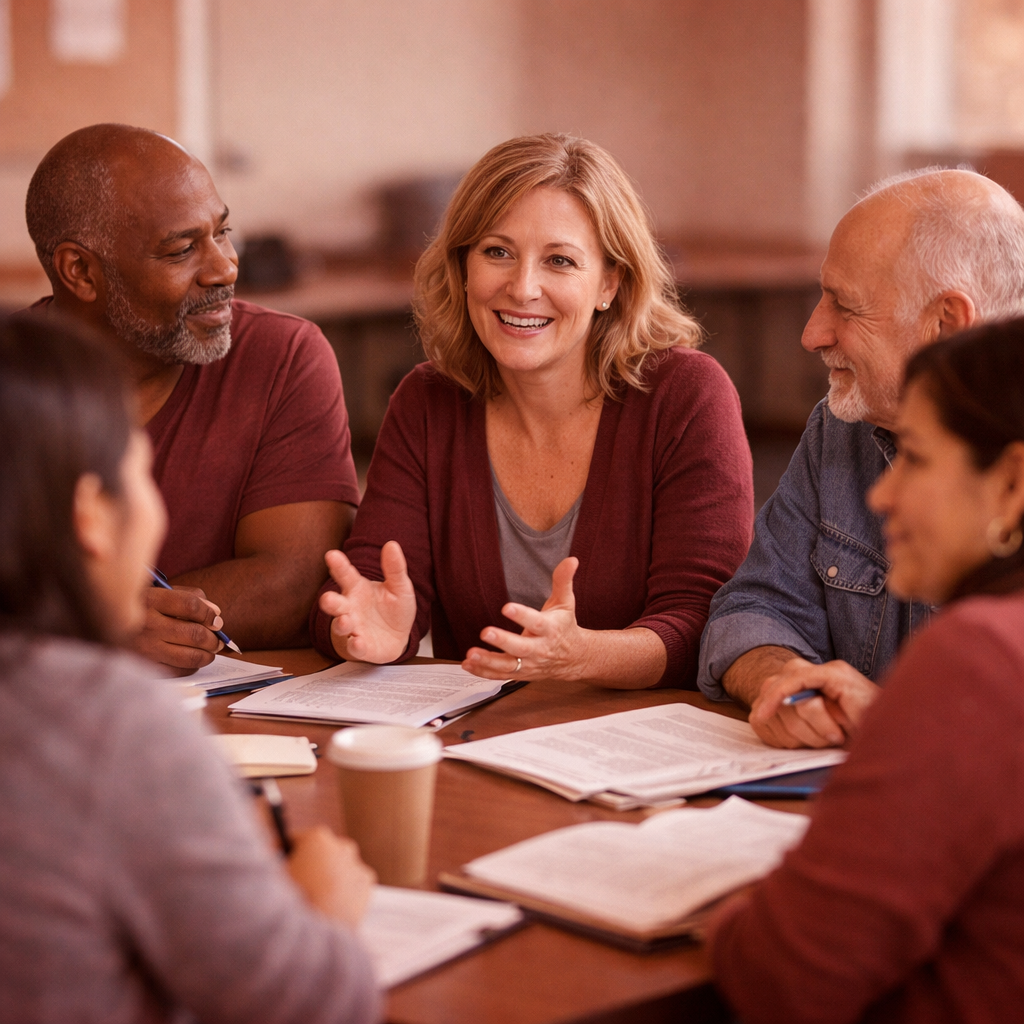 Diverse group of adults seated around a table in a neutral community center classroom, participating in a guided discussion with notebooks, pens, and printed handouts under warm natural light.