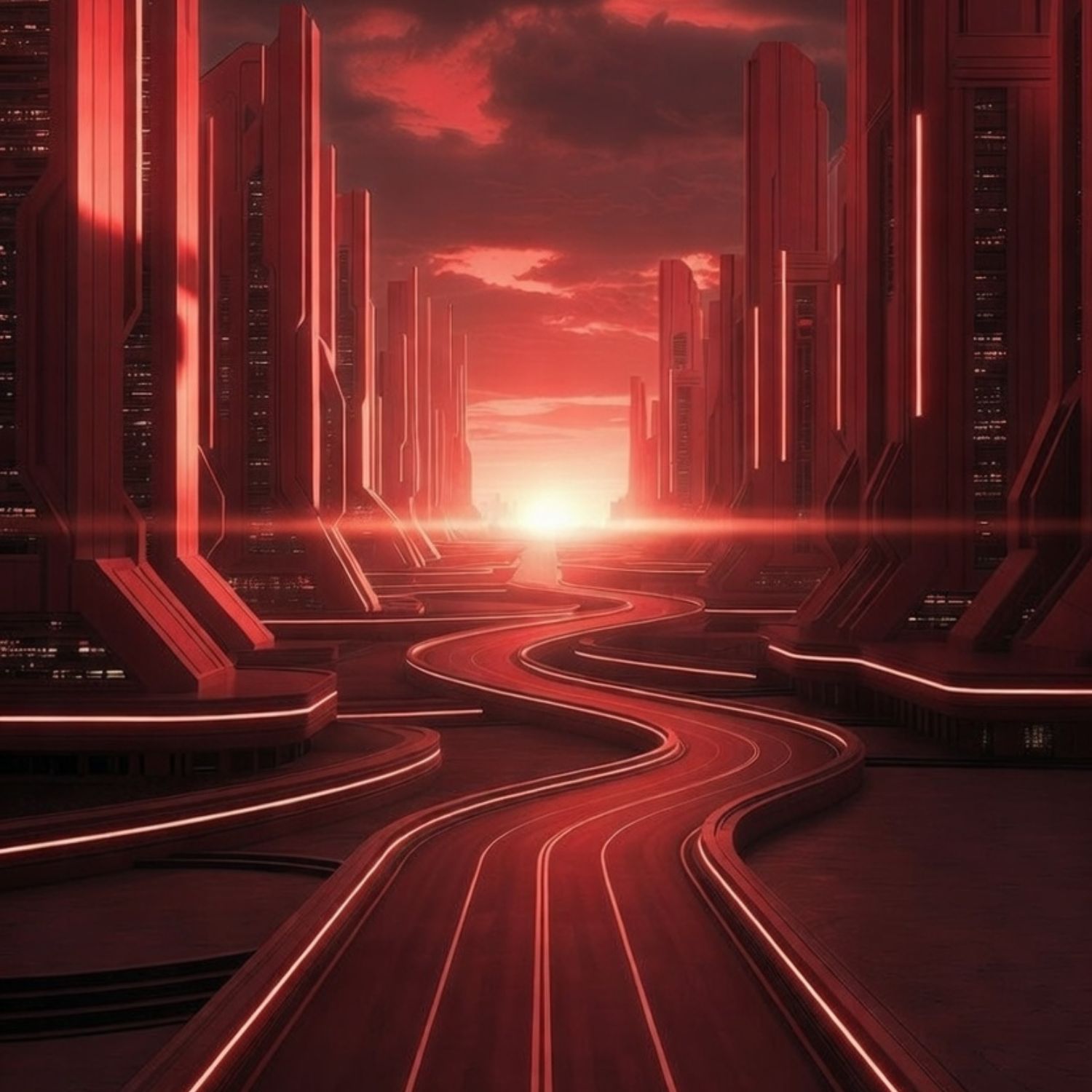 Futuristic illuminated road leading toward sunrise, symbolizing structured learning and a pathway toward freedom and prosperity.