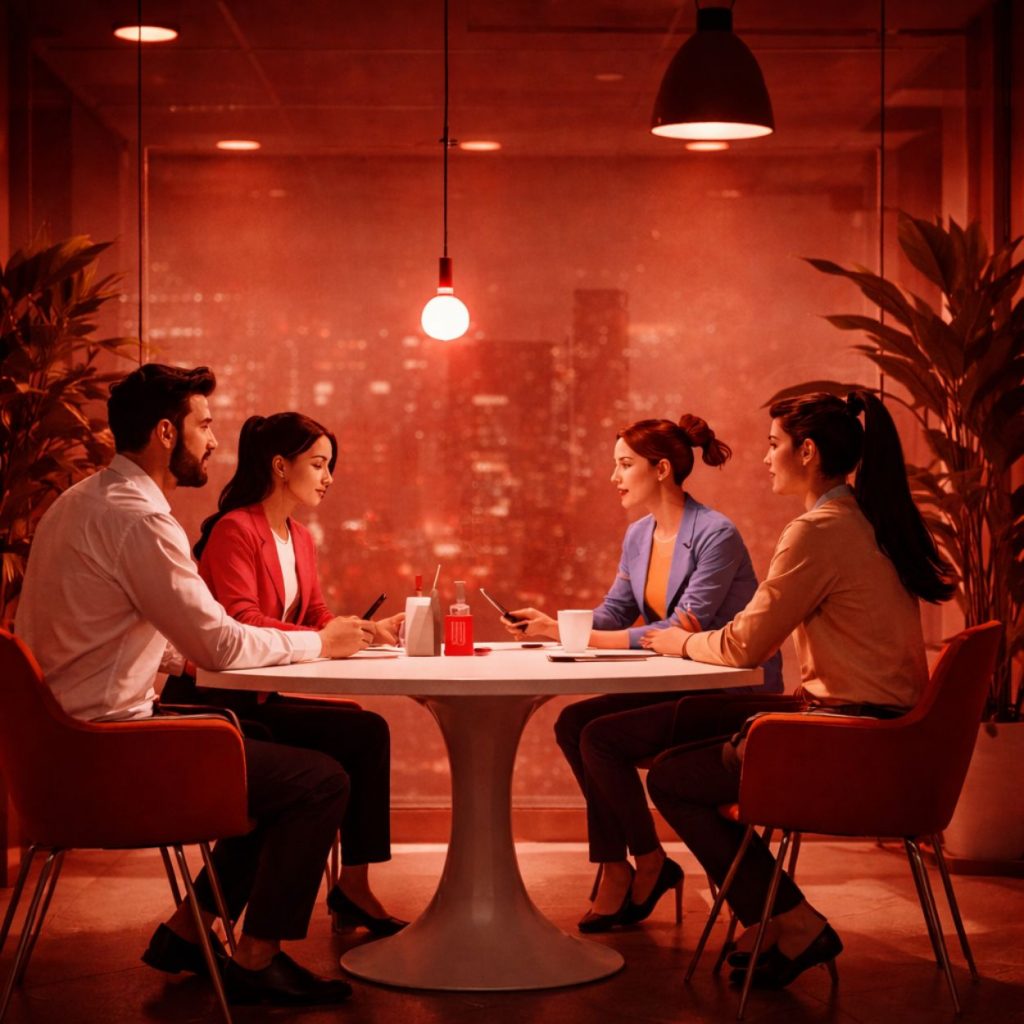 Diverse group of adults collaborating around a table in a modern office during a community planning meeting.