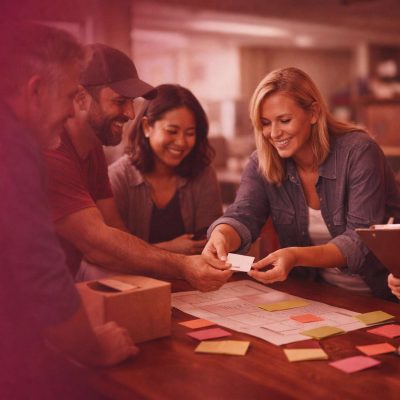 Volunteers planning a civic education program and community outreach at a table